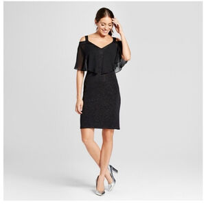 Chiasso Black Glitter Bodycon Cold Shoulder Dress XL Sheer Overlay